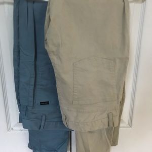 A pair of slim fit dress pants.